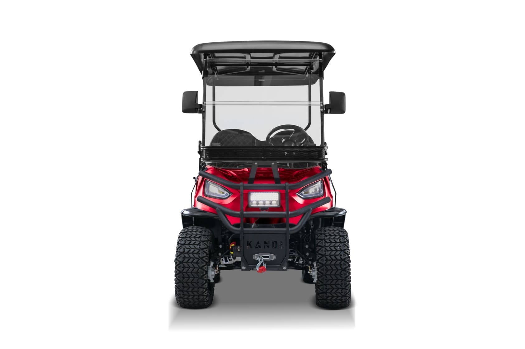 Front view of red Kandi KS2PH electric golf cart