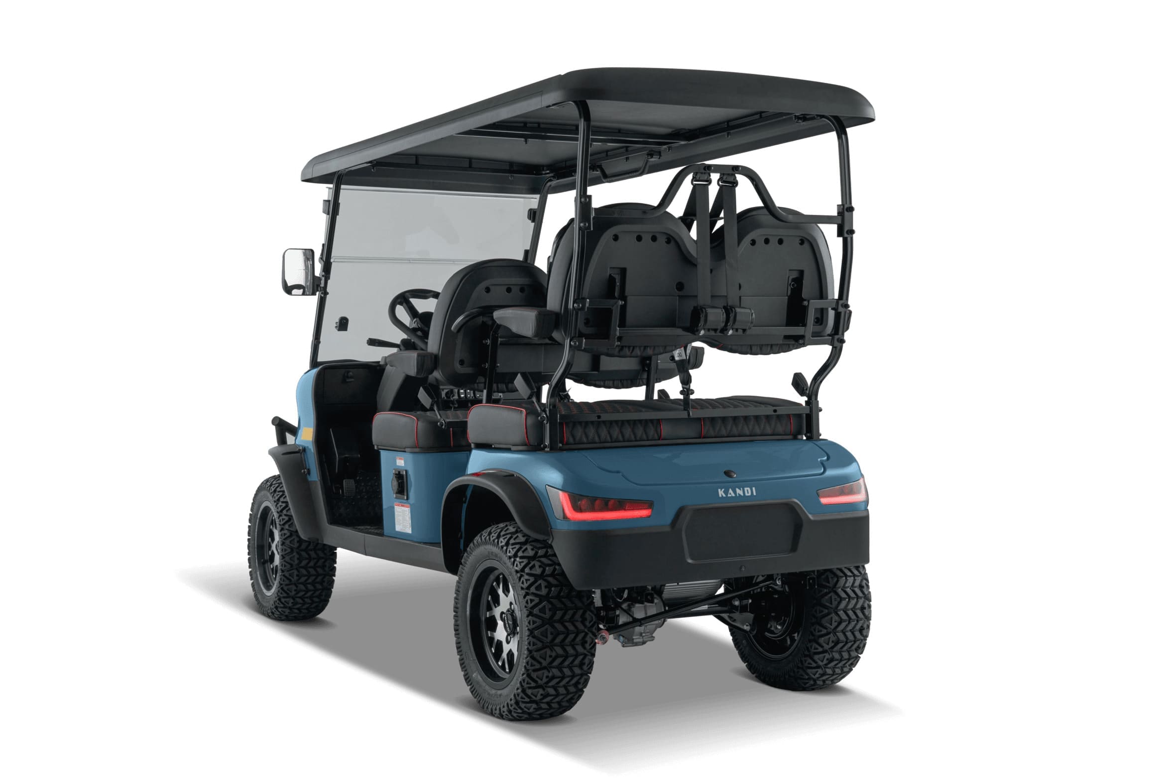 Blue Kandi KS4PROF electric golf cart, diagonal rear view