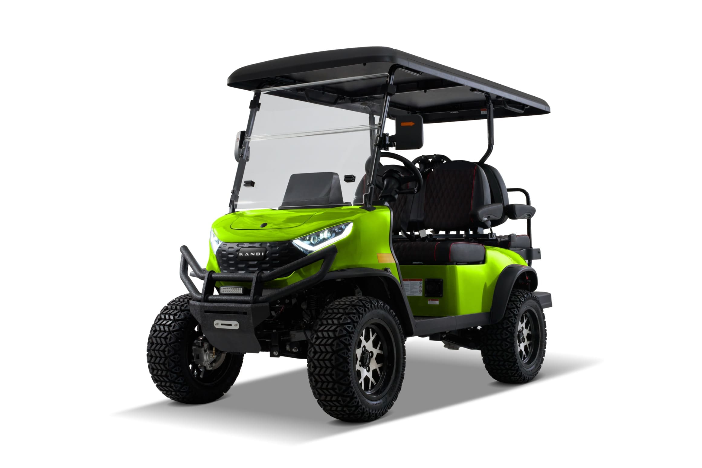 Green Kandi KS4P Pro electric golf cart, front diagonal view in shadow