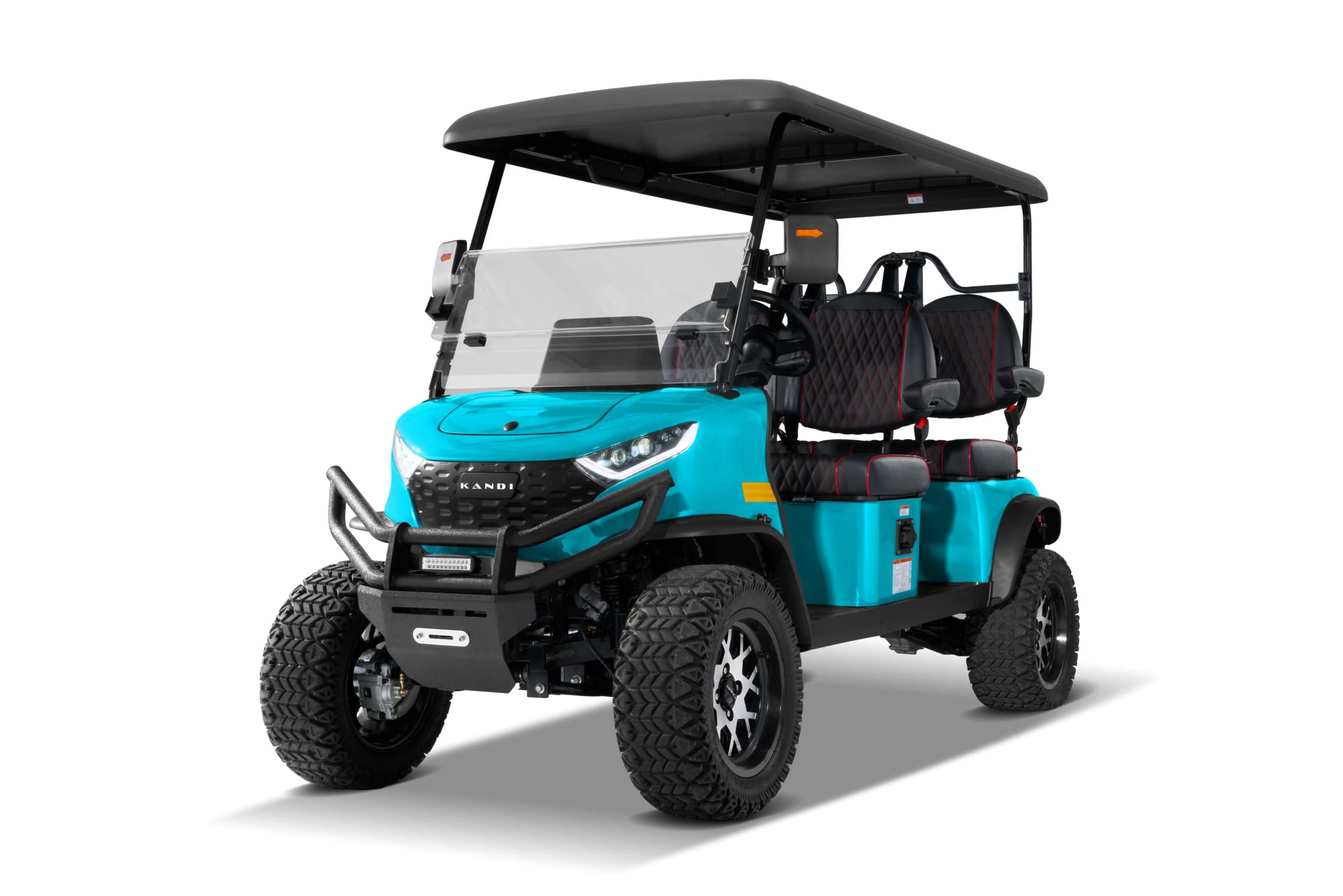 Turquoise Kandi KS4P Pro electric golf cart, front diagonal view